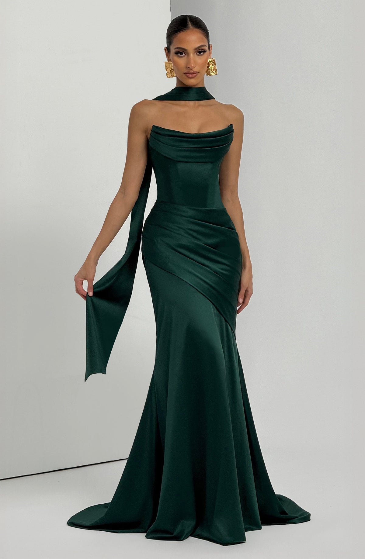 Morwen Strapless Cowl Satin Maxi Dress - Emerald Green