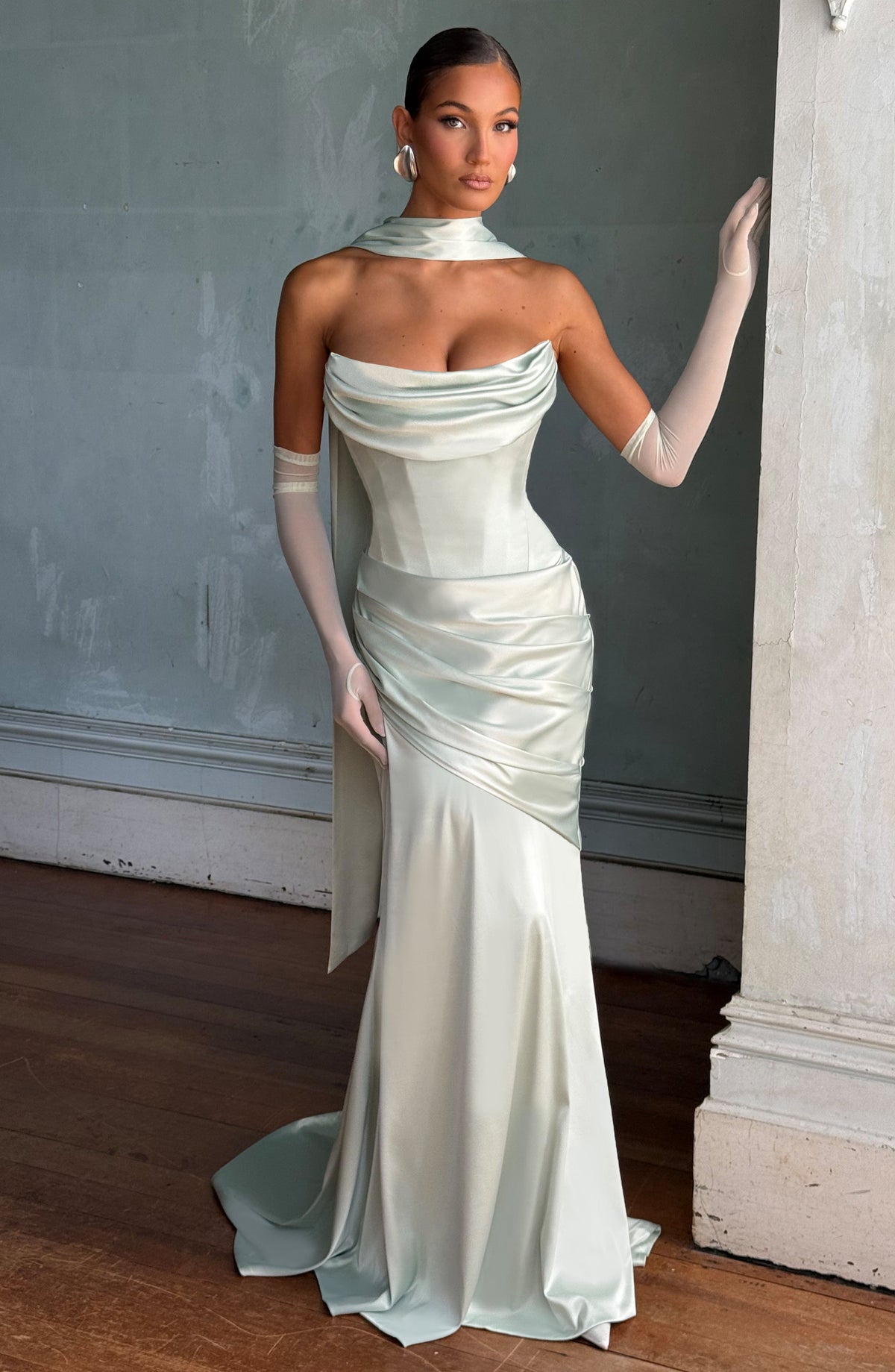 Morwen Strapless Cowl Satin Maxi Dress - Mint