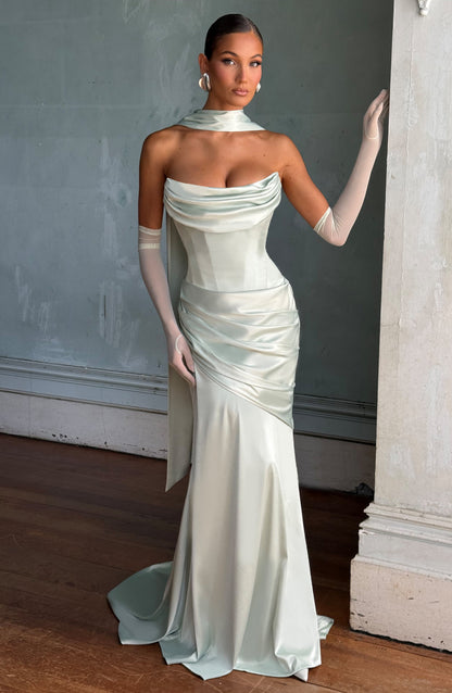 Morwen Strapless Cowl Satin Maxi Dress - Mint