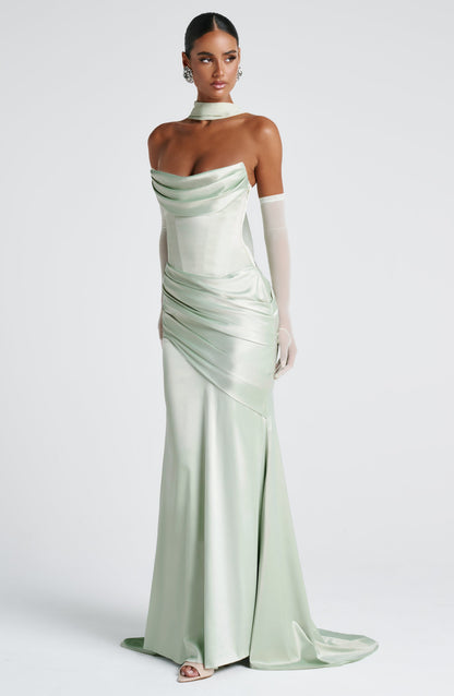 Morwen Strapless Cowl Satin Maxi Dress - Mint