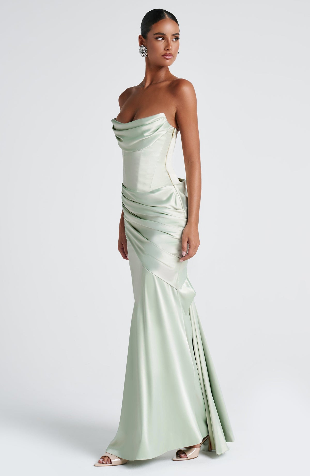 Morwen Strapless Cowl Satin Maxi Dress - Mint