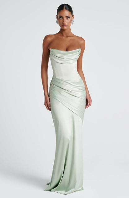 Morwen Strapless Cowl Satin Maxi Dress - Mint