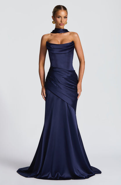 Morwen Strapless Cowl Satin Maxi Dress - Navy