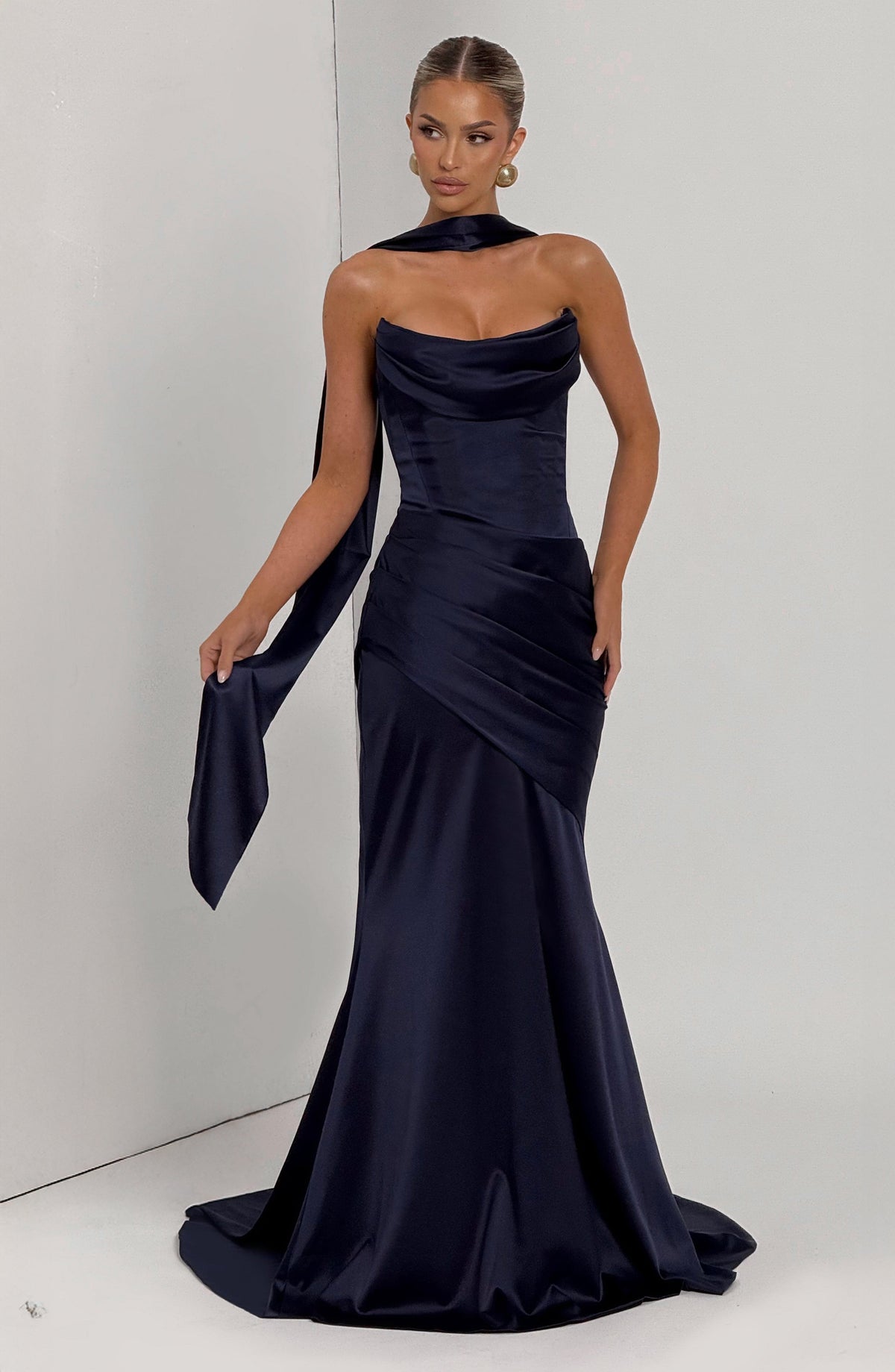 Morwen Strapless Cowl Satin Maxi Dress - Navy