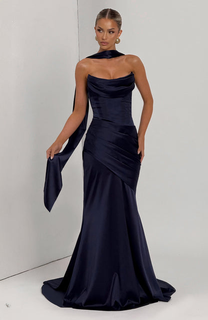 Morwen Strapless Cowl Satin Maxi Dress - Navy