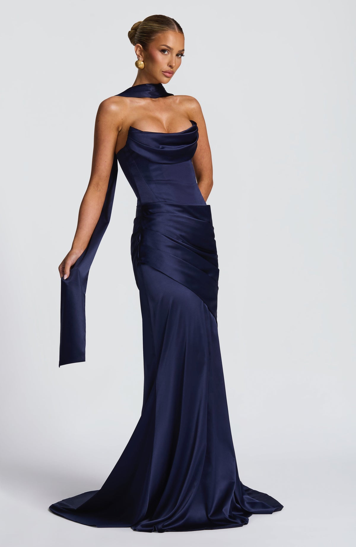 Morwen Strapless Cowl Satin Maxi Dress - Navy