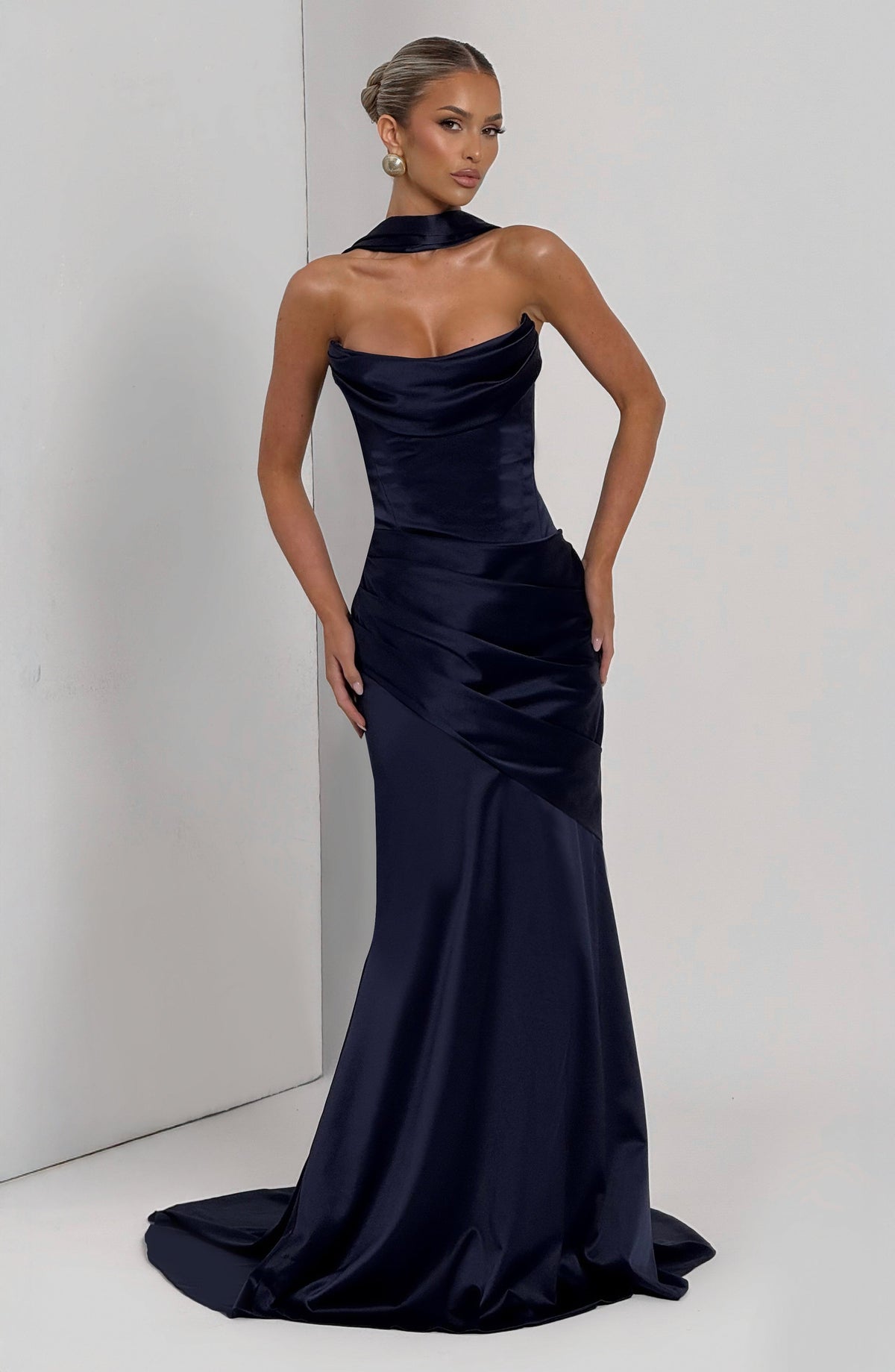 Morwen Strapless Cowl Satin Maxi Dress - Navy