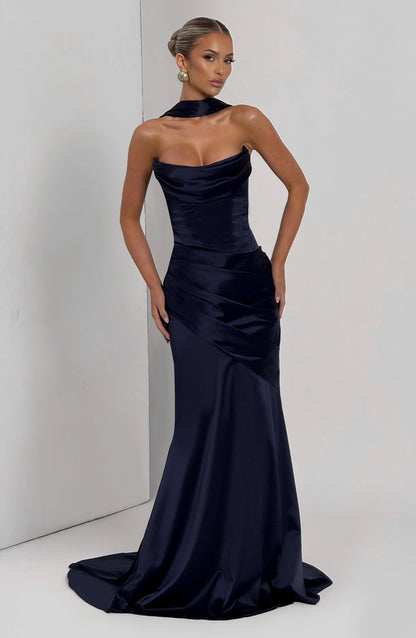 Morwen Strapless Cowl Satin Maxi Dress - Navy