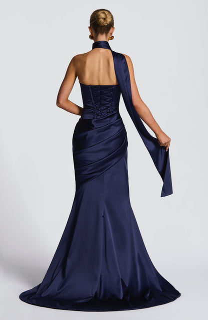 Morwen Strapless Cowl Satin Maxi Dress - Navy