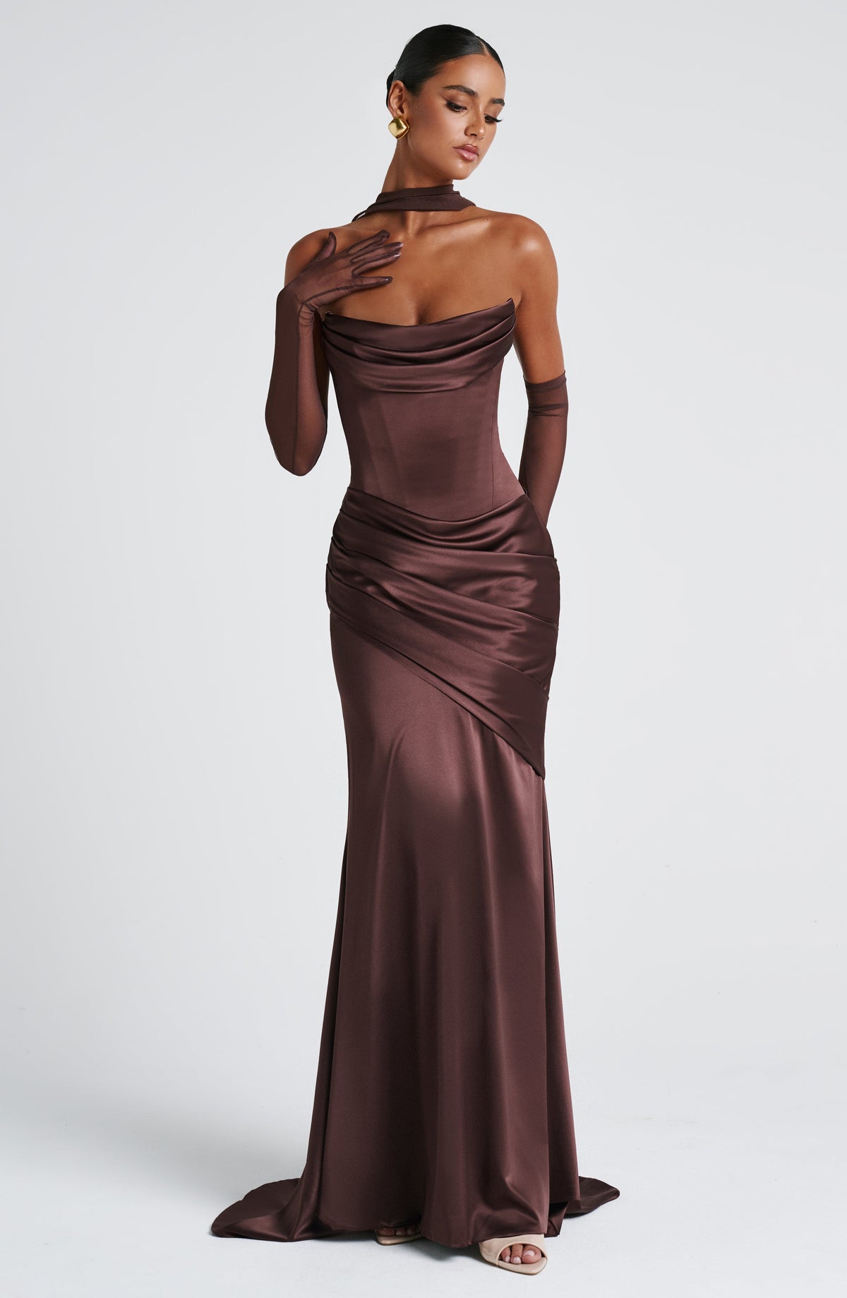 Morwen Strapless Cowl Satin Maxi Dress - Plum Brown