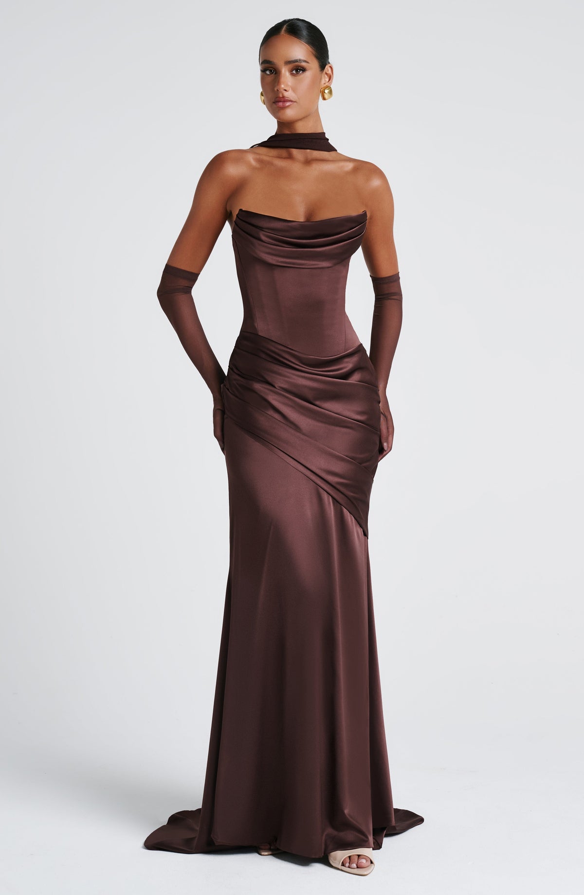 Morwen Strapless Cowl Satin Maxi Dress - Plum Brown