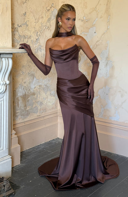 Morwen Strapless Cowl Satin Maxi Dress - Plum Brown