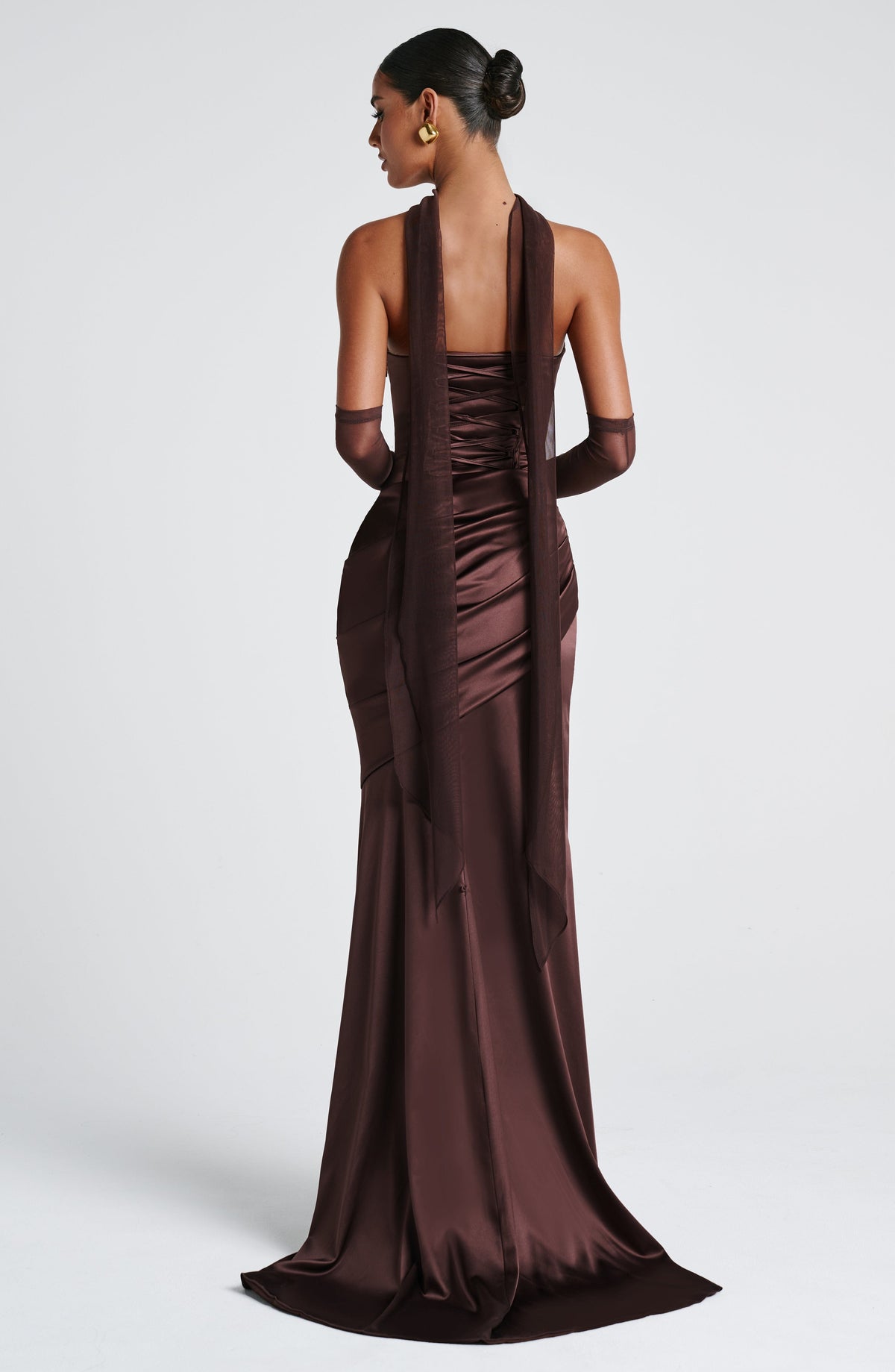 Morwen Strapless Cowl Satin Maxi Dress - Plum Brown