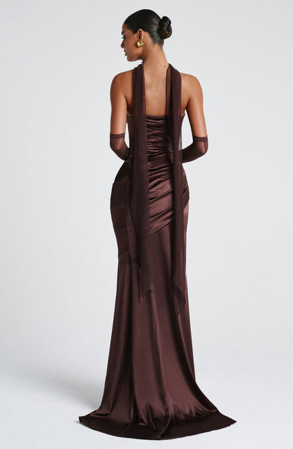 Morwen Strapless Cowl Satin Maxi Dress - Plum Brown