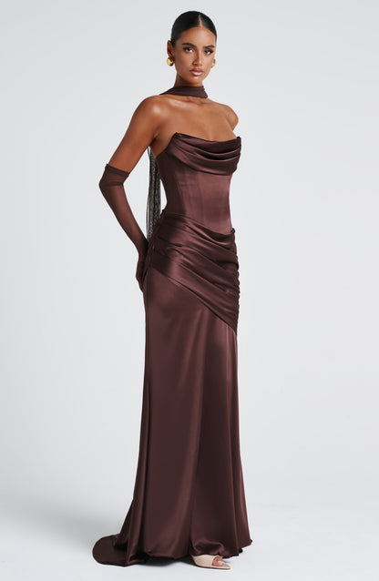 Morwen Strapless Cowl Satin Maxi Dress - Plum Brown