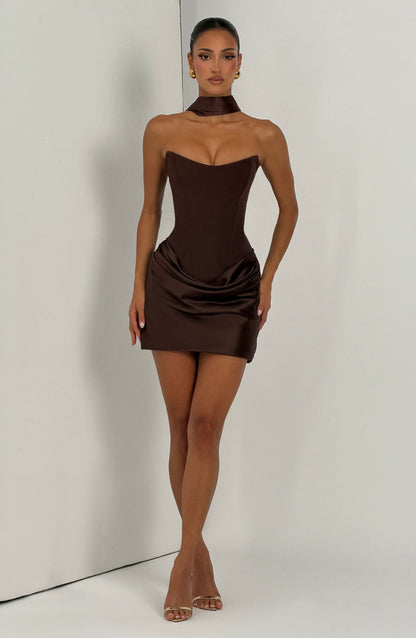 Muriel Corset Satin Mini Dress - Plum Brown