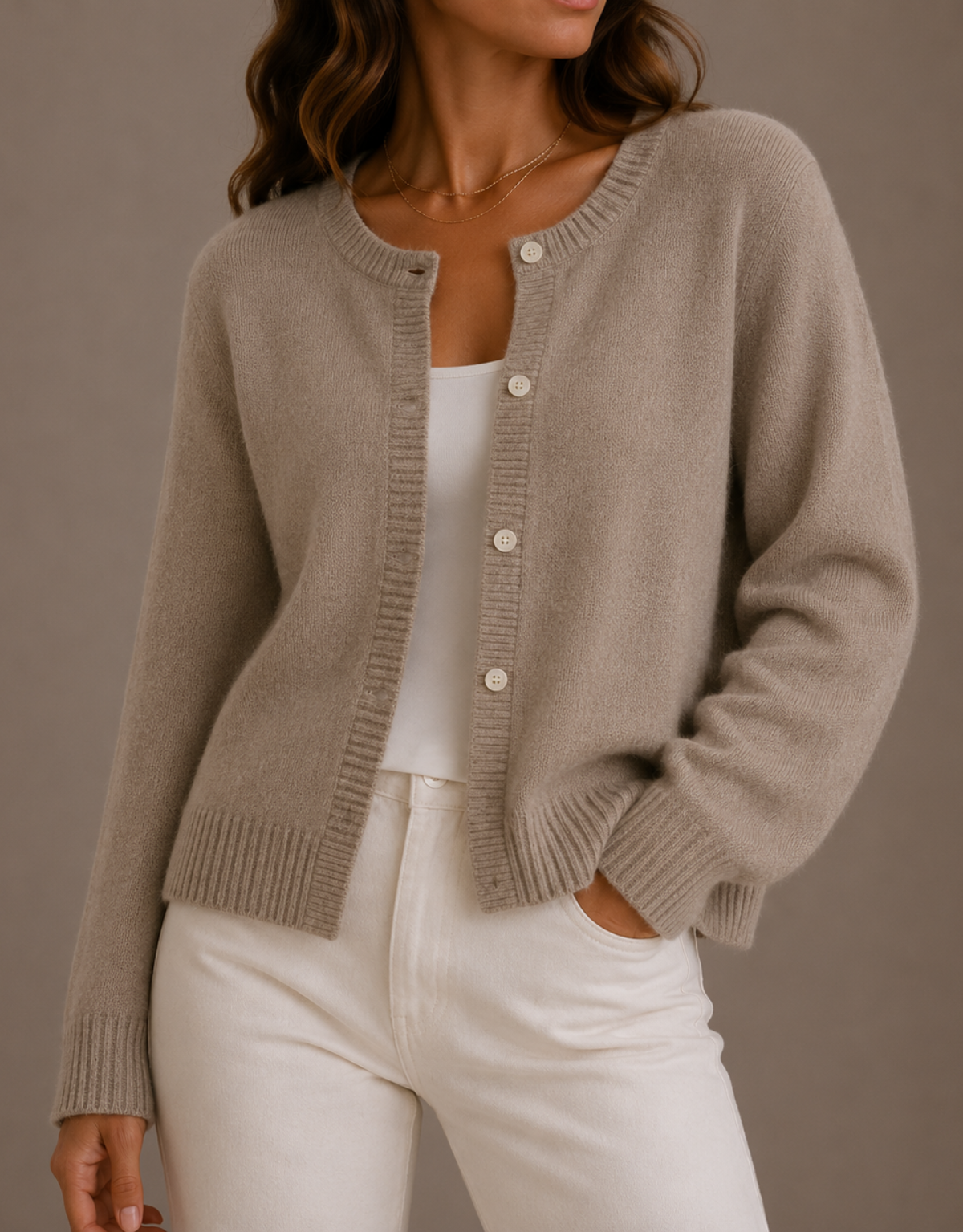 Nadira Knit Crew Neck Button Cardigan - Beige