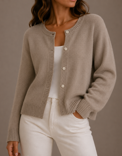 Nadira Knit Crew Neck Button Cardigan - Beige