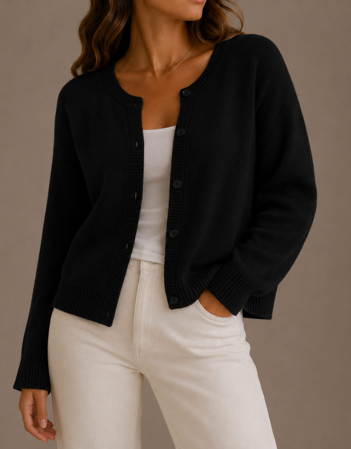 Nadira Knit Crew Neck Button Cardigan - Black