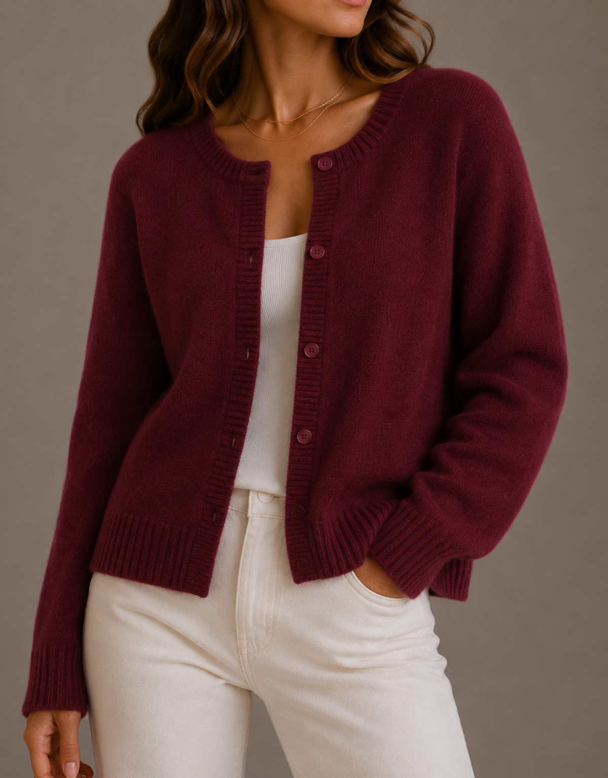 Nadira Knit Crew Neck Button Cardigan - Burgundy