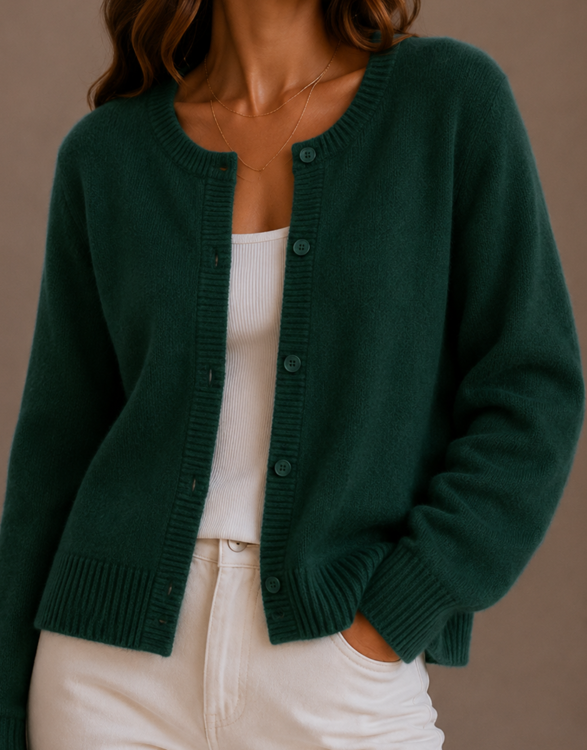 Nadira Knit Crew Neck Button Cardigan - Forest Green