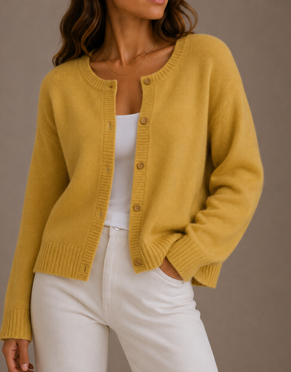 Nadira Knit Crew Neck Button Cardigan - Mustard Yellow
