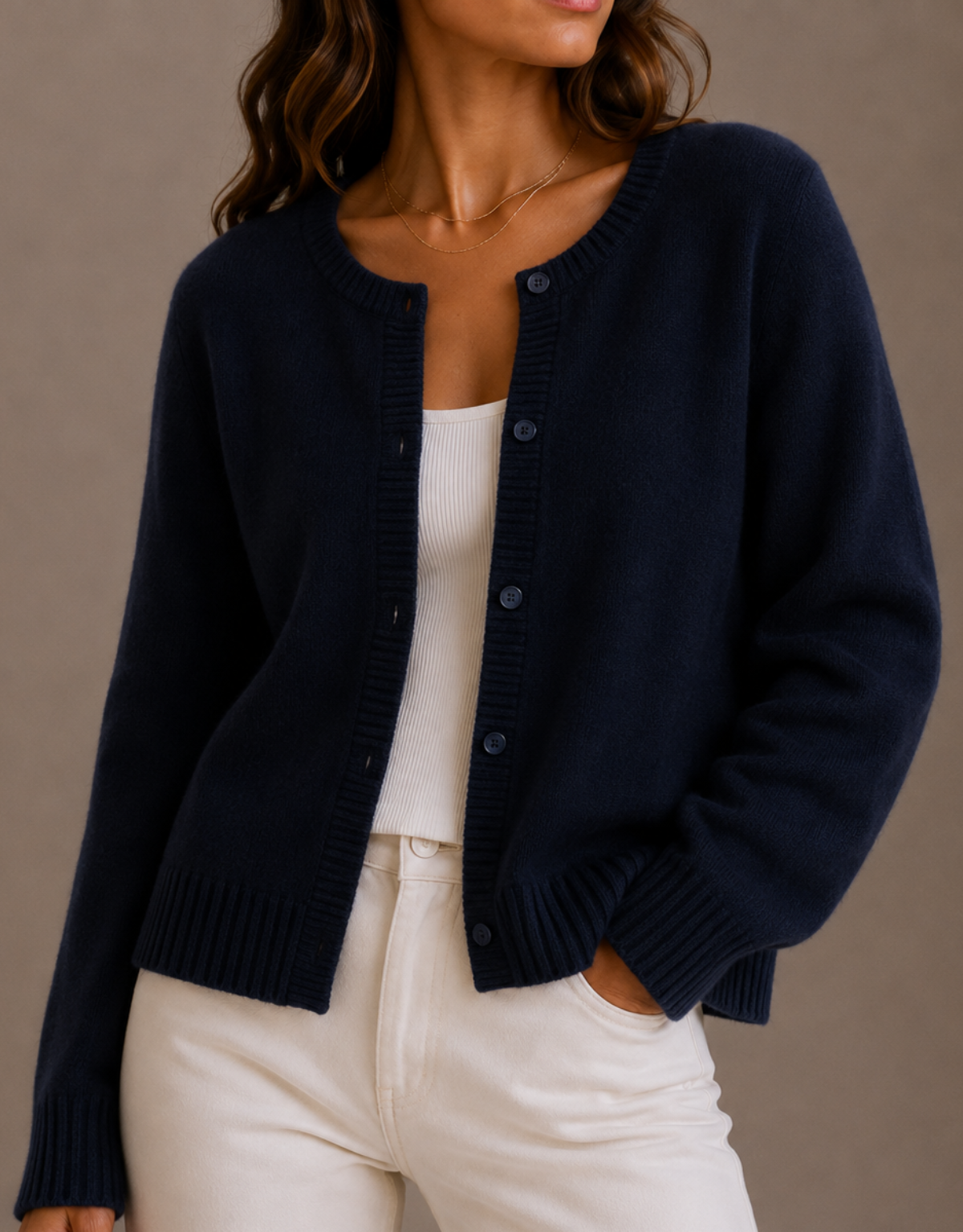 Nadira Knit Crew Neck Button Cardigan - Navy