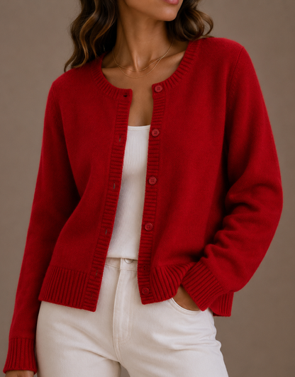 Nadira Knit Crew Neck Button Cardigan - Red