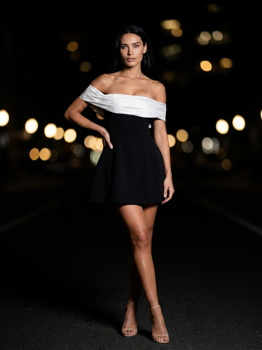 Nadja Bow Back Off Shoulder Mini Dress - Black and White