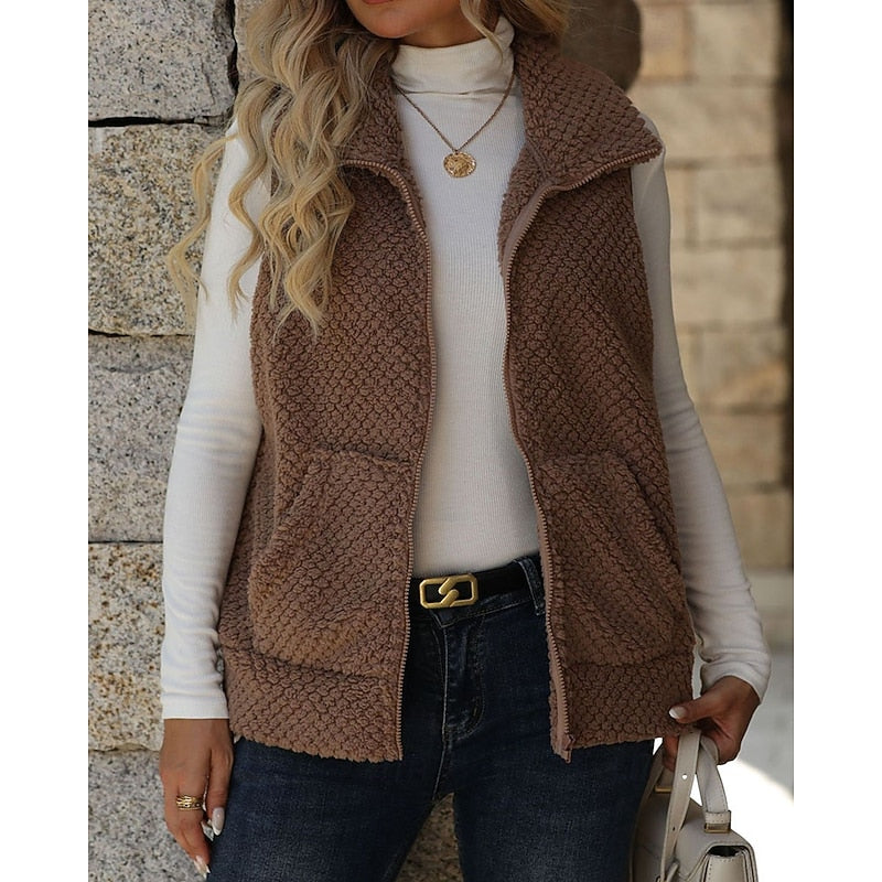Naila Textured Zip Up Gilet - Brown