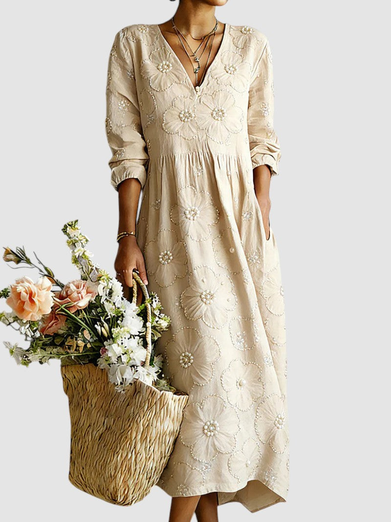 Nanette Beaded Floral V Neck Midi Dress - Beige
