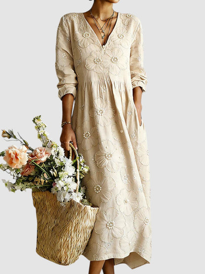 Nanette Beaded Floral V Neck Midi Dress - Beige