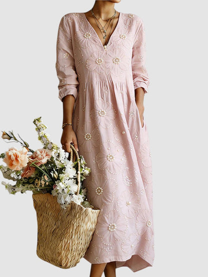 Nanette Beaded Floral V Neck Midi Dress - Blush Pink