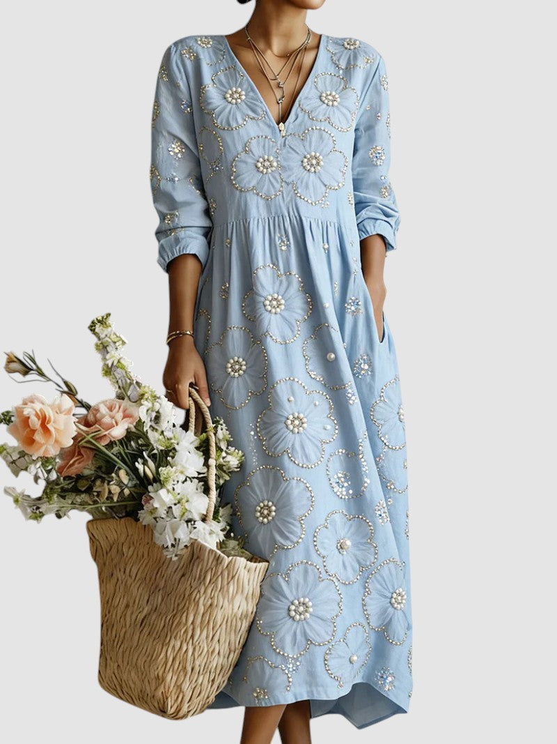 Nanette Beaded Floral V Neck Midi Dress - Light Blue