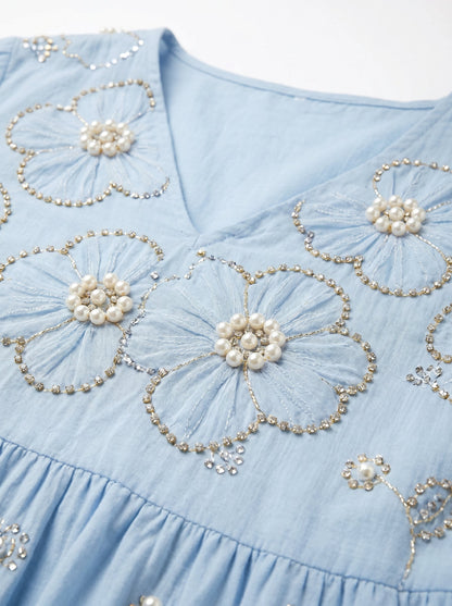 Nanette Beaded Floral V Neck Midi Dress - Light Blue