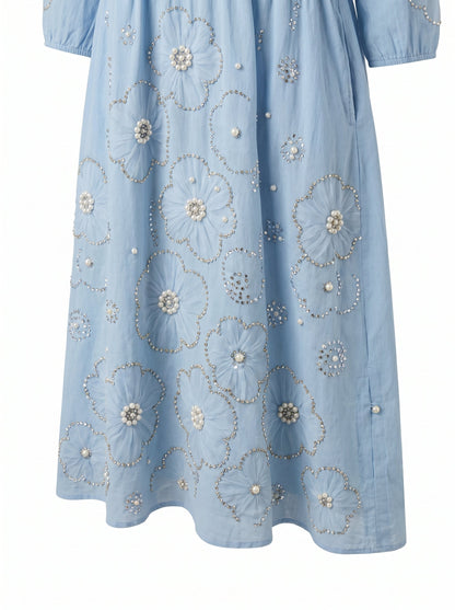 Nanette Beaded Floral V Neck Midi Dress - Light Blue