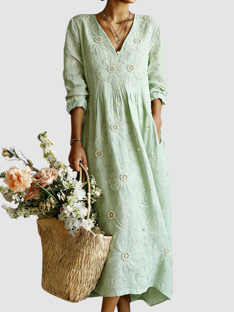 Nanette Beaded Floral V Neck Midi Dress - Mint Green