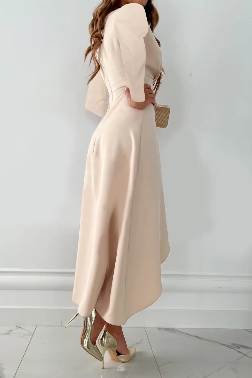 Cream long sleeve wrap midi dress with asymmetric slit, side profile view