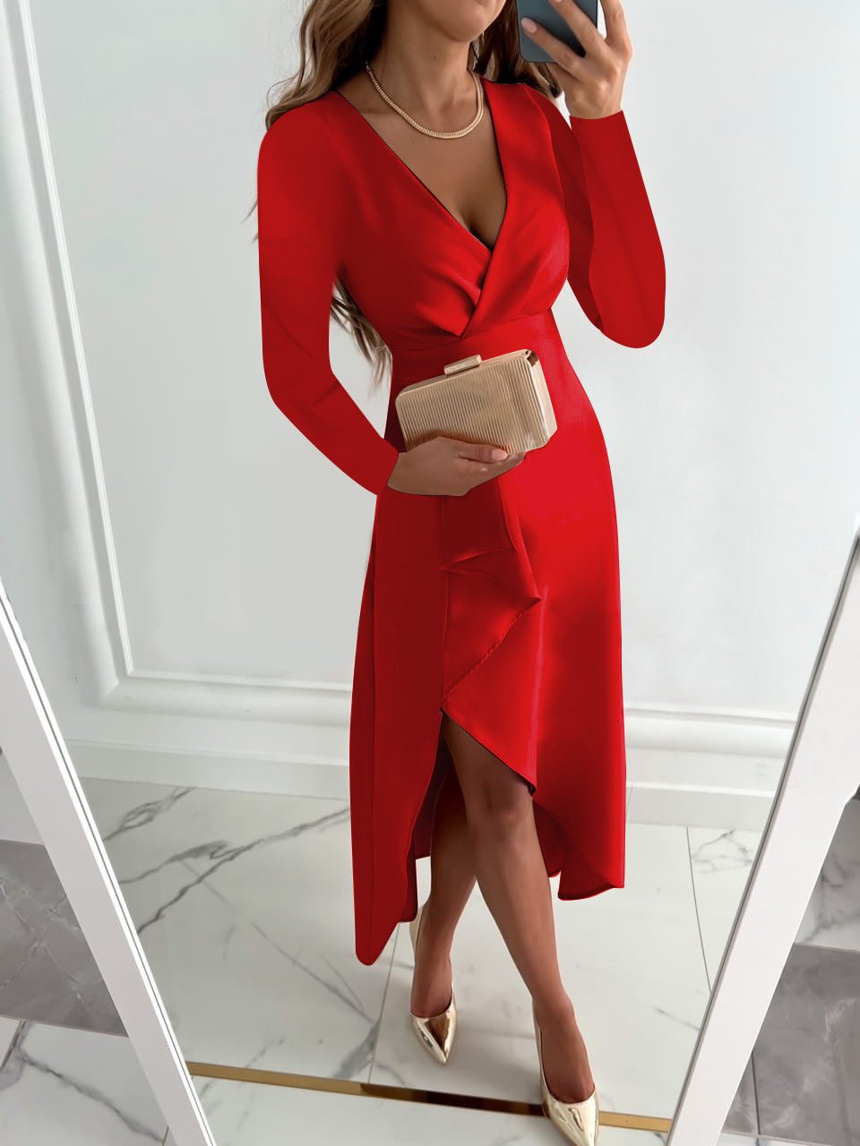 Red wrap midi dress with long sleeves and front slit, V-neck neckline