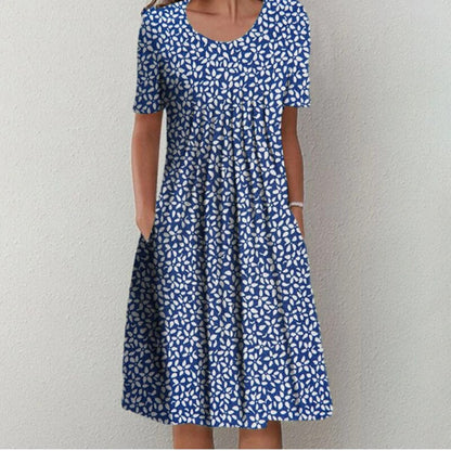 Blue geometric print midi dress with side pockets and casual silhouette for women