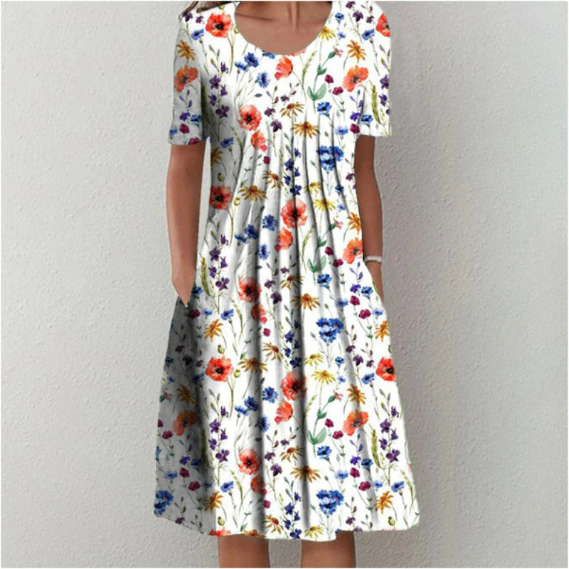 Cream floral midi dress with multicolor botanical print and front pleating for women