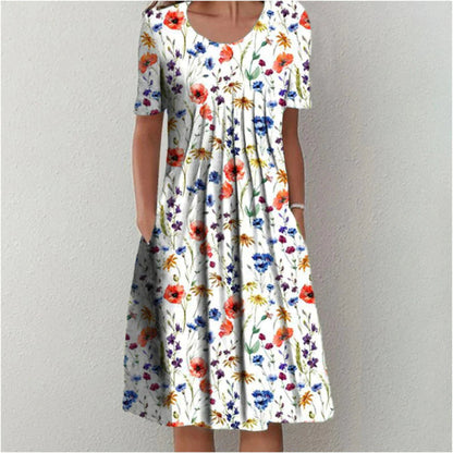 Cream floral midi dress with multicolor botanical print and front pleating for women