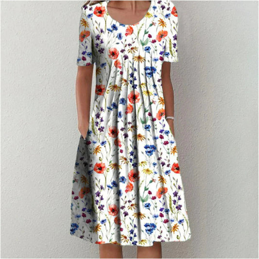 Cream floral midi dress with multicolor botanical print and front pleating for women