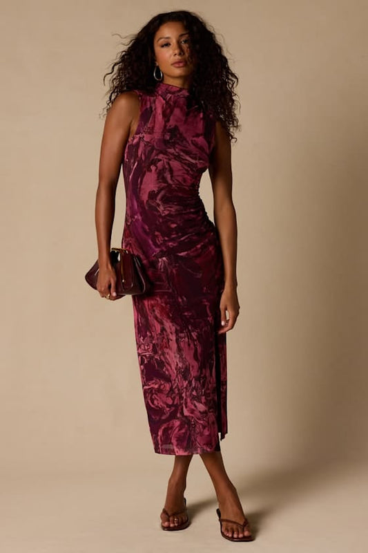 Neoma Mock Neck Midi Dress - Mauve Abstract Print