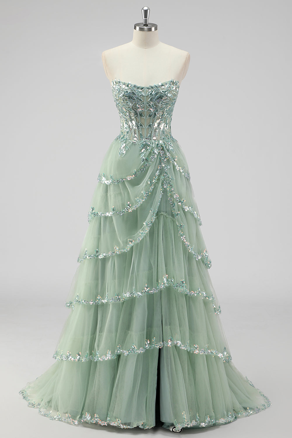 Nerys Sequin Tiered Gown - Sage Green