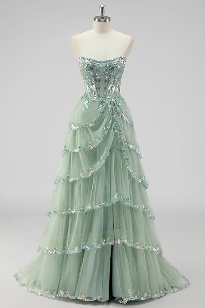 Nerys Sequin Tiered Gown - Sage Green