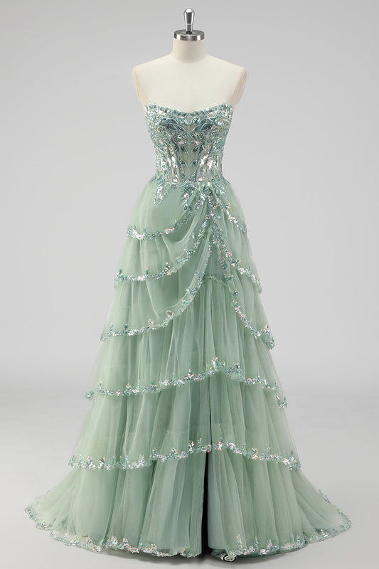 Nerys Sequin Tiered Gown - Sage Green