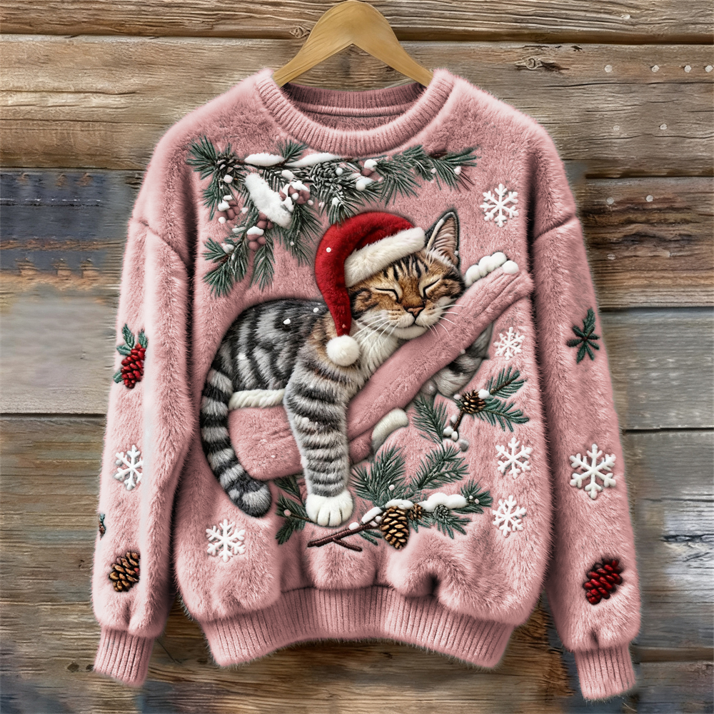 Nettie Christmas Cat Crew Neck Sweater - Dusty Pink