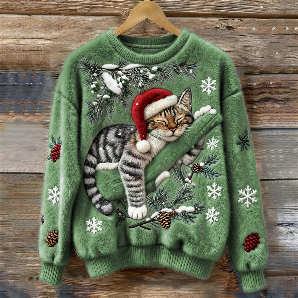 Nettie Christmas Cat Crew Neck Sweater - Sage Green