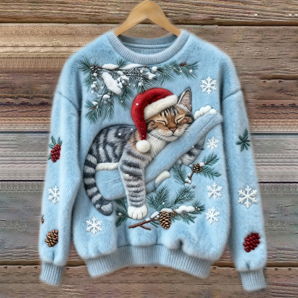 Nettie Christmas Cat Crew Neck Sweater - Sky Blue